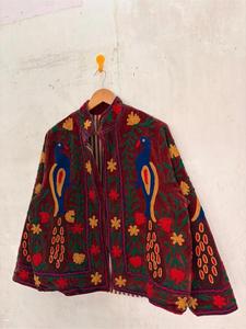 <b>Vintage</b> Burgundy Velvet Floral Embroidered Suzani Jacket with Peacock Pattern Full Sleeve <b>Stand</b> Collar Handmade Boho Autumn <b>Coat</b> - Product Image 4