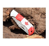Couteau de poche en acier damas fait à la main avec drapeau du Canada manche en acrylique traversin en laiton gaine en cuir fin couteau de poche viral