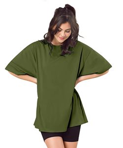 T-shirt ample à col rond et manches courtes pour femme, vert olive, coupe ample, 100% coton, tissu tricoté, à porter toute l'année - Product Image 5