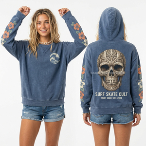 Custom 350GSM Peach <b>Tie</b> Dye Hoodie Traditional Japanese Koi Fish Skull <b>Back</b> Graphic Lotus Chest Embroidery Pullover Supplier - Product Image 3