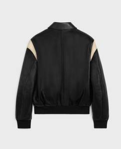 Blouson Bomber en Cuir Véritable pour Homme, Noir et Beige, Style Color Block, Décontracté, Zippé, avec Ourlet Côtelé Classique, 2026 - Product Image 2