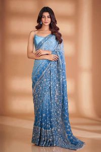 Blue Designer Heavy Fox Georgette <b>Saree</b> With Pedding Print Work For Women Indian Traditional Bridal Wedding Wear Ethnic Wear - Product Image 2