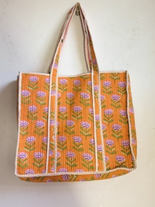 Orange Floral Quilted Tote <b>Bag</b> Cotton Fabric Bohemian Style Shopping <b>Bag</b> Open Top Reusable Shoulder <b>Bag</b> - Product Image 1
