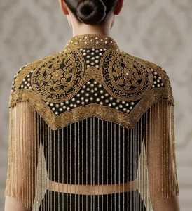 Women's Black Gold Beaded Polyester <b>Cape</b> with Fringe Embroidery Decorative Wrap <b>Wedding</b> Party Wear COTTON COUTURE - Product Image 6