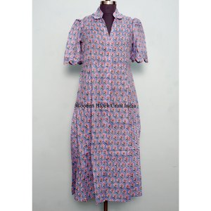 Robe longue pour femme 100% coton, imprimée à la main en Inde, avec poches, robe de bureau légère et confortable pour l'été - Product Image 3