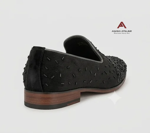 Mocasines de Cuero Genuino Bordados en Negro de la Marca Premium Asken Atelier para Hombre, Zapatos de Vestir con Punta en Pico, Elegantes para Bodas y Fiestas - Product Image 6