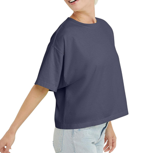 INDEX APPAREL Women's Navy Crop <b>Top</b> Crew Neck Short Sleeve Loose Fit Solid Color Casual Summer T-Shirt - Product Image 6