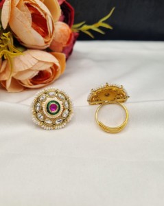 Oval Stone Studded Floral Motif Pearl Border Kundan <b>Adjustable</b> <b>Rings</b> Fashion Jewellery Supplier Wedding Wear <b>Rings</b> Manufacturers - Product Image 1