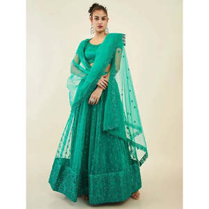 Dazzling Teal <b>Green</b> Sequins <b>Net</b> Lehenga Choli with Dupatta for Evening - Product Image 2