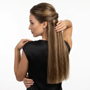Peluca de Cabello Humano 100% Remy con Trama Completa, Larga, Marrón, con Mechas, Textura Ondulada Natural, Personalizable - Product Image 4