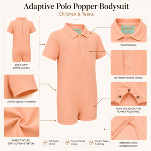 Body de polo color melocotón |   Ropa Sensorial Especial para Niños, Prendas Inclusivas Unisex, Transpirables, de Algodón Elástico y Suave, para Todas las Estaciones - Product Image 3