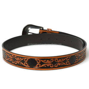 Cinturón de herramientas de cuero occidental de doble tono hecho a mano de gran calidad para hombres con hebilla de latón antiguo de cobre floral tamaños personalizados - Product Image 3