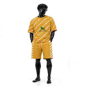 NEXTEX ชุดเสื้อยืดลายทางสำหรับทุกเพศสีมัสตาร์ดสีขาวผ้าฝ้ายเนื้อนุ่มสองชิ้น - Product Image 1