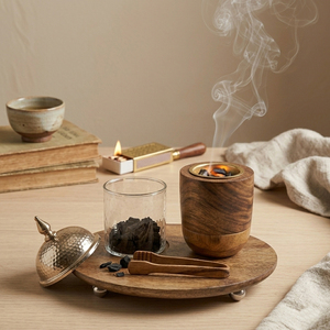 Wooden <b>Bakhoor</b> Burner Set With Glass Jar Gold Metal Lid & Ball Footed Serving Tray Arabic Incense <b>Oud</b> Holder Home Decoration - Product Image 5