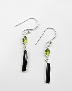 Handmade 925 Sterling Silver Black <b>Tourmaline</b> & Peridot Drop Dangle <b>Earrings</b> Minimalist Modern Artisan Jewelry - Product Image 2