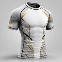 Haut de compression à manches courtes pour homme, respirant, antibactérien, marron beige, motif géométrique, pour le BJJ, le MMA et le grappling