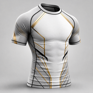 Haut de compression à manches courtes pour homme, respirant, antibactérien, marron beige, motif géométrique, pour le BJJ, le MMA et le grappling - Product Image 3
