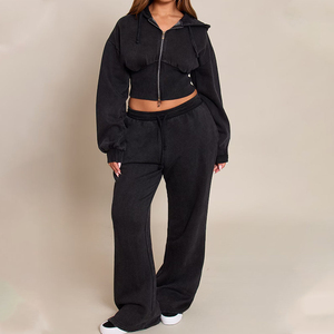 Conjunto Deportivo de Felpa para Mujer, Color Sólido, Corte Holgado, Pantalones y Chaqueta Largos, Cuello Mao, Ropa Casual - Product Image 5