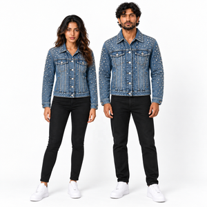 Veste en jean courte personnalisée avec strass, style camionneur, streetwear pour femme, marque privée, logo personnalisé, USA - Product Image 1