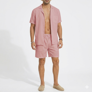 Summer Co-ord <b>Set</b> Men's Casual Breathable Solid-color Short-sleeve Shirt And Shorts <b>Set</b> Quick Dry Plain Dyed Summer Co-ord <b>Set</b> - Product Image 4