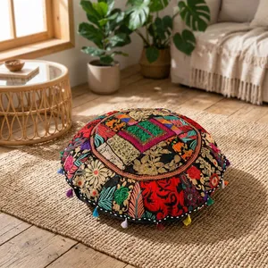 Embroidered <b>Round</b> Floor Pillow Cover Patchwork Cotton Meditation <b>Cushion</b> - Product Image 1