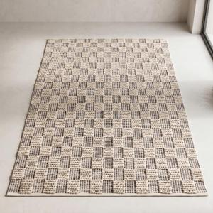 Tapis de sol moderne exclusif en laine tissée à la main, couleur unie crème beige, à boucles, antidérapant, léger, profil bas, pour la maison - Product Image 1