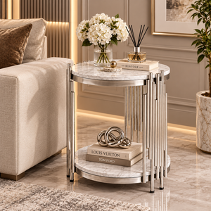 Table d'appoint ronde contemporaine en marbre avec structure en métal doré et étagère à deux niveaux pour salon et chambre modernes - Product Image 5