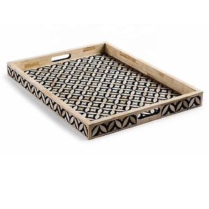 High Quality Handcrafted Geometric Floral Pattern Bone Inlay Black and Cream Household Multipurpose Serving <b>Breakfast</b> <b>Tray</b> - Product Image 1
