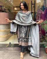 Conjunto de Fiesta Elegante de Muselina con Estampado Digital, Top y Pantalón con Dupatta, Color Gris, Algodón AG307