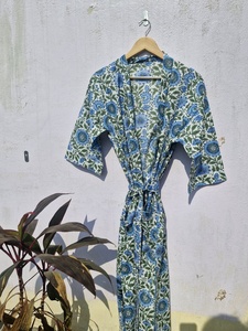 Robe Kimono en Coton Bleu à Motifs Floraux pour Femme, Peignoir Léger Bohème, Robe de Plage Kimono d'Été, Tenue d'Intérieur - Product Image 5
