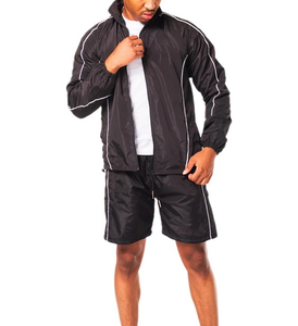 Ensemble court coupe-vent en toile et nylon bicolore avec broderie logo personnalisé - Survêtement deux pièces imperméable à fermeture éclair intégrale - Product Image 3