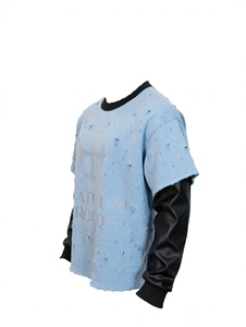 Custom High Quality Men Vintage Light Blue Distressed Rhinestone Cross Graphic Oversized Heavyweight Leather Sleeve Layered Top - Product Image 3