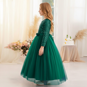 Robe de soirée princesse exclusive en velours vert brodée de sequins et de dentelle douce à col en V pour filles, vente en gros OEM ODM - Product Image 3