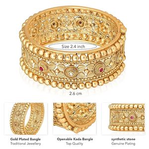 24K Gold Plated Alloy Cuff <b>Bracelet</b> With <b>Ruby</b> And Diamond Inlay Geometric Ethnic Design For Women Wedding Jewelry - Product Image 2