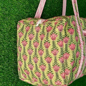 Hand Block Printed Cotton Duffel <b>Bag</b> Quilted Travel Tote Handmade Weekender <b>Overnight</b> <b>Bag</b> Women Green Large Capacity - Product Image 4