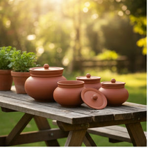 Pot en terre cuite naturelle traditionnel avec couvercle (lot de 3) Fait à la main Écologique Résistant à la décoloration SwamiG TradeX - Product Image 3
