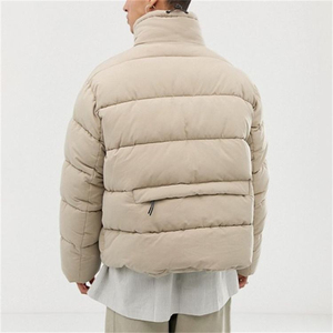 Men's Beige Puffer <b>Jacket</b> With Stand Collar Zipper Closure Windproof Winter Casual Loose Fit Thick Polyester Bomber <b>Jacket</b> - Product Image 4