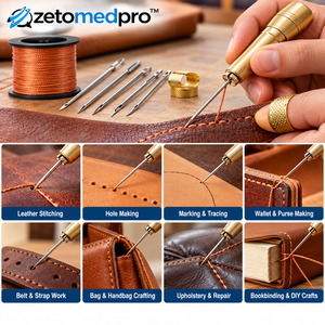 Kit de Costura de Cuero con Aguja y Punzón de Madera, 5 Agujas Intercambiables, Hilo de Cobre y Dedal ZetomedPro - Product Image 2