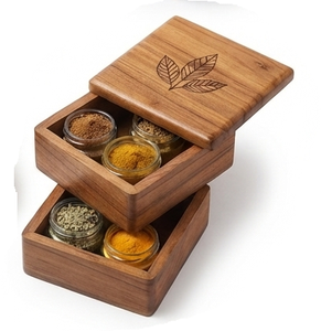 Wooden Spice Storage <b>Box</b> <b>Set</b> Bamboo Seasoning Organizer with Glass Jars Countertop Kitchen Container Handmade With High Quality - Product Image 1