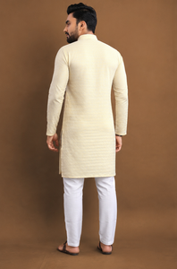 <b>Men's</b> Cream Cotton <b>Kurta</b> With White Churidar For Casual Wear Traditional Indian Pakistani Style Ankle-Length Regular Fit - Product Image 4