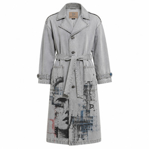 Manteau long unisexe en jean gris clair imprimé sur mesure avec ceinture, style trench, imprimé graphique, vêtement d'extérieur - Product Image 2