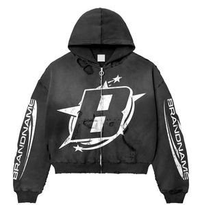 Conjunto de chándal de algodón grueso personalizado con sudadera con capucha de corte holgado y cremallera completa, pantalones de pierna ancha con dobladillo desgastado y estampado de estrellas, estilo streetwear. - Product Image 4