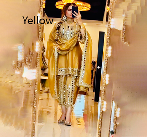 Salwar Kameez Amarillo Tradicional Indio para Mujer, Traje de Boda de Seda hasta el Tobillo, Corte Regular, Elástico, Estilo Étnico Pakistaní e Indio - Product Image 1
