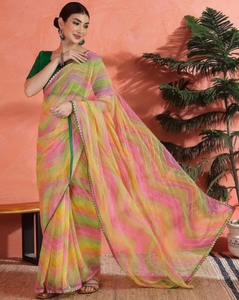 Sari KV con Estampado Geométrico, Leheria Georgette, Multicolor, Ropa Étnica Tradicional para Mujer, para Bodas, Fiestas y Festivales, sin Costuras - Product Image 5