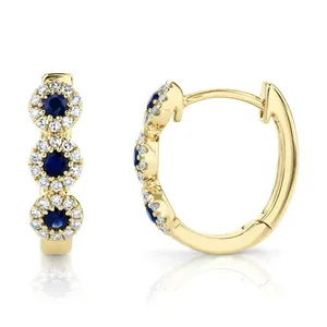 Boucles d'oreilles Huggie en saphir bleu diamant, or jaune 14 carats, taille ronde, naturelles, 0,45 TCW - Product Image 5