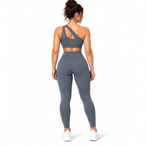 Conjunto de Sujetador Deportivo de un Hombro y Leggings de Cintura Alta, 2 Piezas, Ropa Deportiva de Color Sólido, Tejido Elástico en 4 Direcciones - Product Image 2