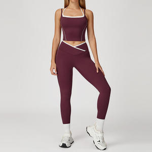 Women's Black Yoga <b>Set</b> <b>Square</b> Neck Crisscross Strap Crop Top High Waist Elastic Waist Leggings 2 Piece Seamless Sweat-Wicking - Product Image 4