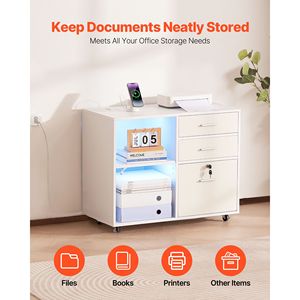 Armadietto Mobile in Legno con 3 Cassetti e Ripiani Regolabili, Archivio con Ruote e Striscia LED, Chiudibile a Chiave - Product Image 4