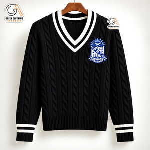 <b>Men's</b> Phi Beta Sigma Black Cable Knit V-Neck Sweater Embroidered Crest Front <b>Cardigan</b> Winter 100% Polyester Breathable - Product Image 4