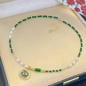 Collar de Perlas de Agua Dulce Naturales de Alta Calidad, Cuentas de Cristal Verde Ágata India, Collar de Moda, Famoso en Internet, con Temperamento - Product Image 1